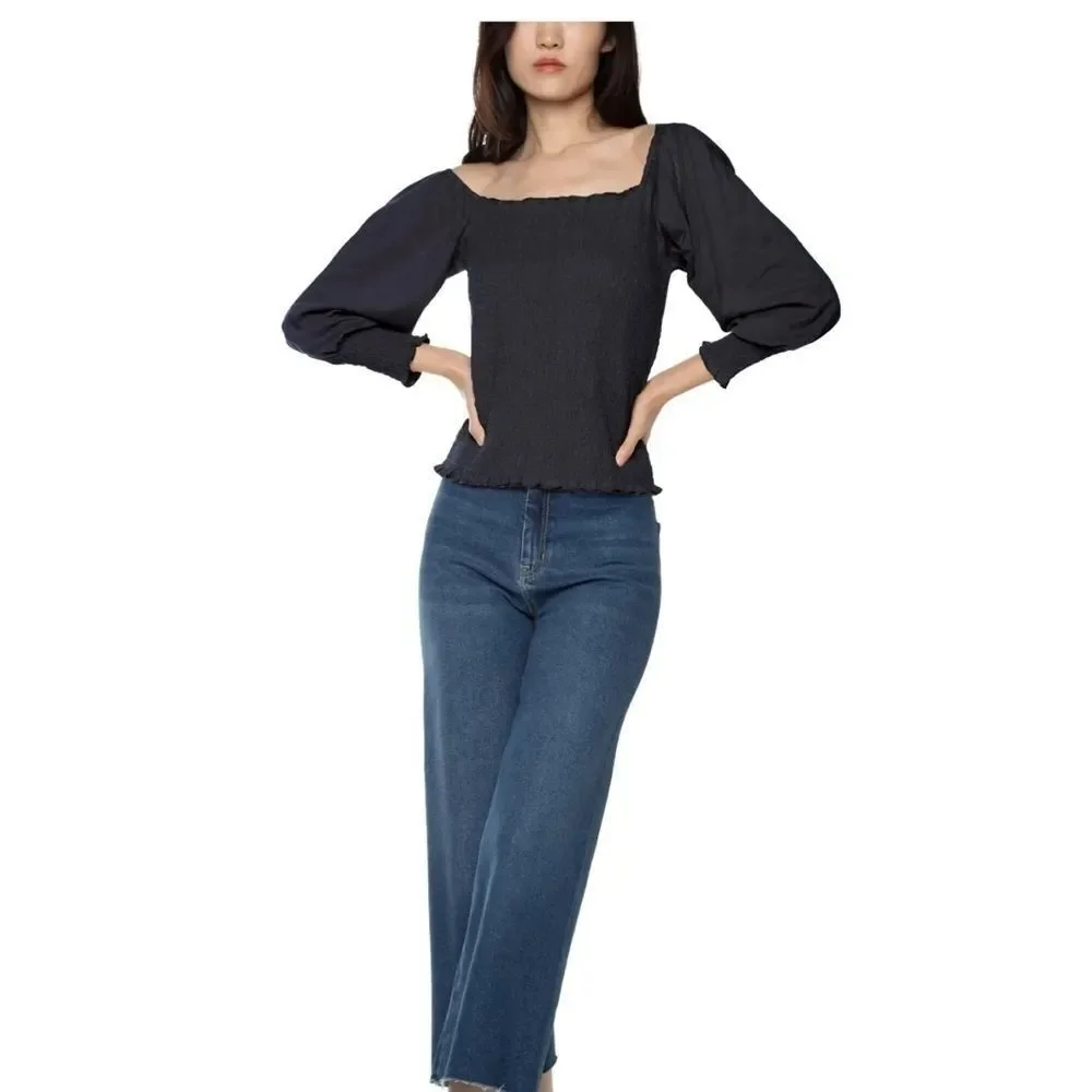 BLACK TAPE Petite Smocked Top Long Sleeve ruffled black top, size petite M - Picture 2 of 6